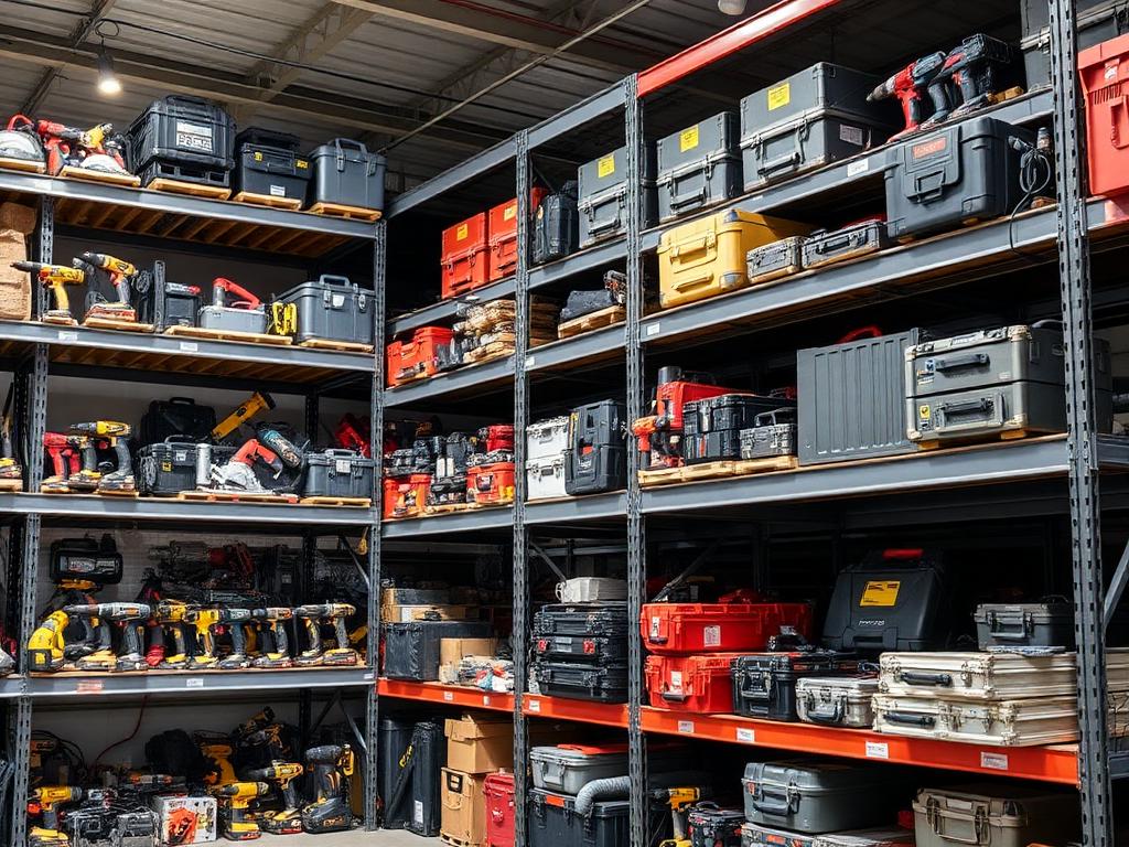 Warehouse shelves organized with power tools and equipment cases