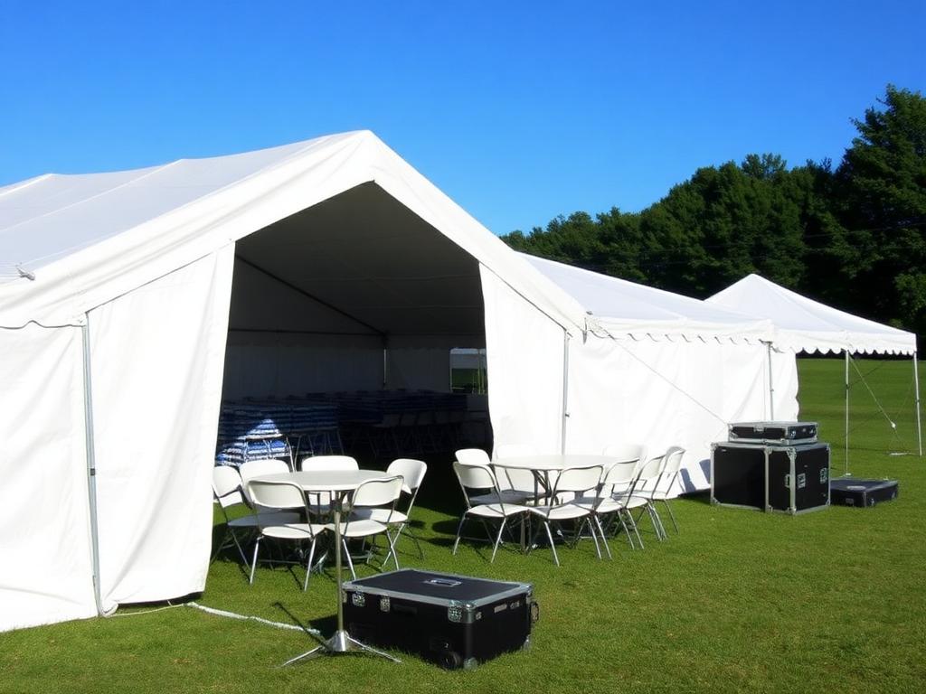 White event tent being set up in a grassy field with stacked folding tables and chairs