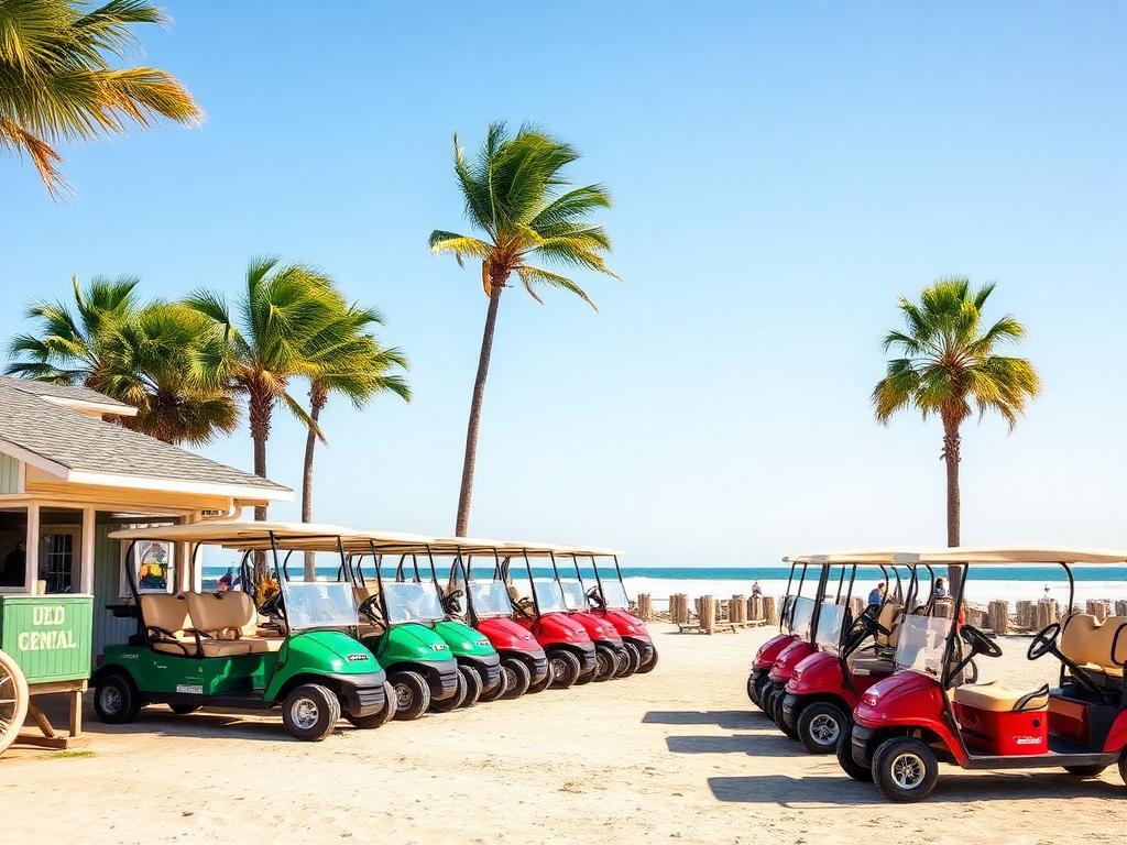 Row of colorful golf carts lined up at a beachside rental shack