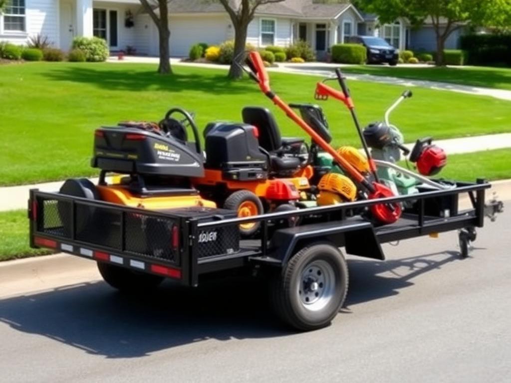 Landscaping trailer loaded with mowers and trimmers parked on a suburban street