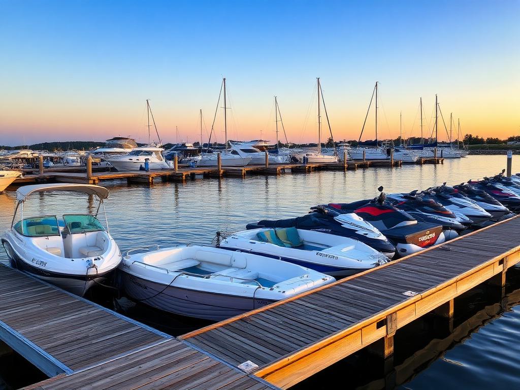 Row of small rental boats and jet skis tied up at a wooden marina dock at sunrise