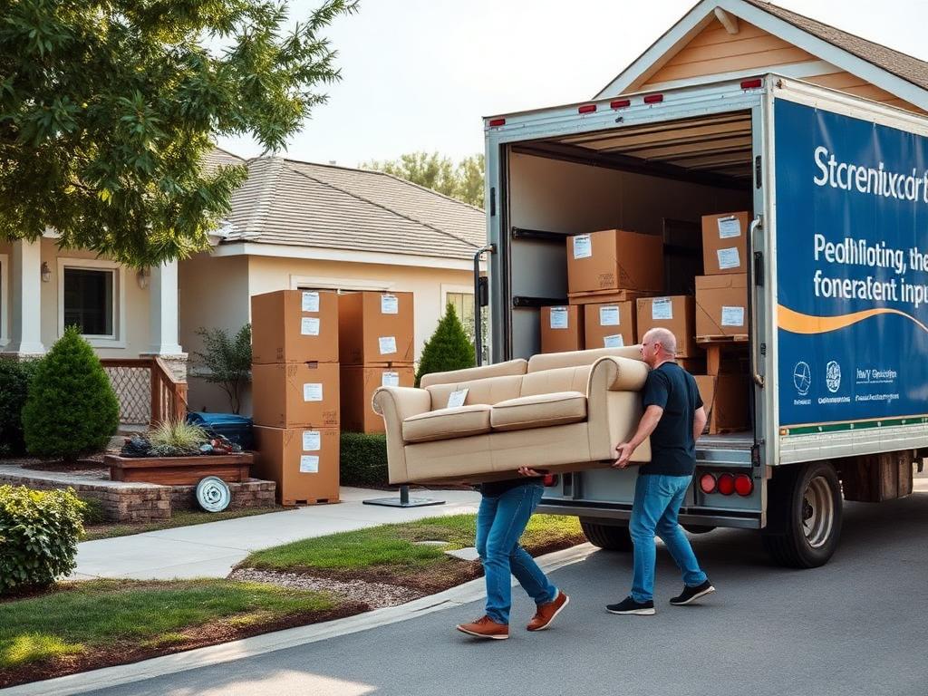 Moving truck being loaded with furniture and labeled boxes outside a suburban home
