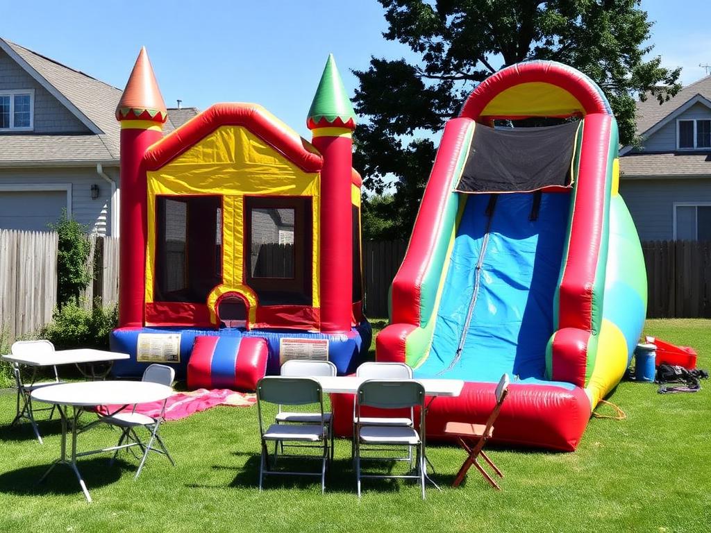 Colorful bounce house and inflatable slide set up on a suburban lawn for a kids party