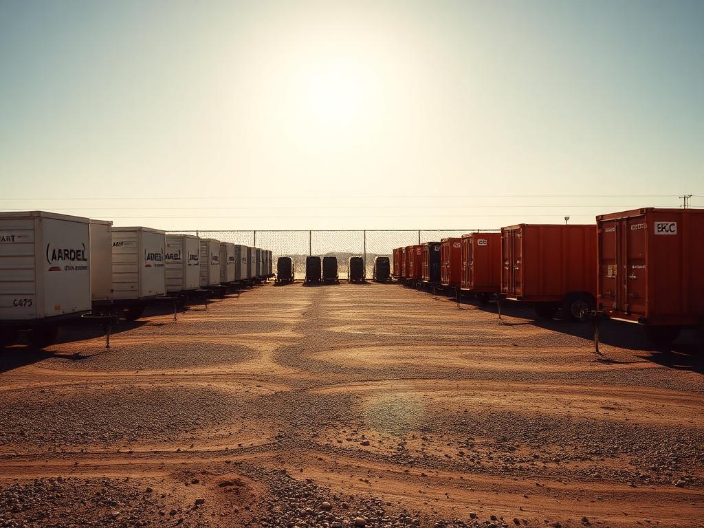 Row of utility trailers parked in a rental yard at sunrise