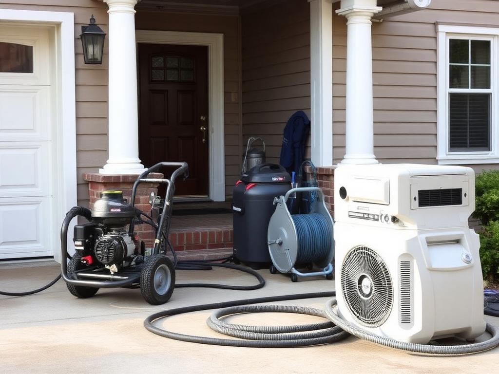 Pressure washing and water restoration crew gear staged outside a house