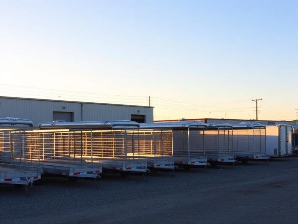Fleet of utility and cargo trailers lined up in a rental yard at golden hour