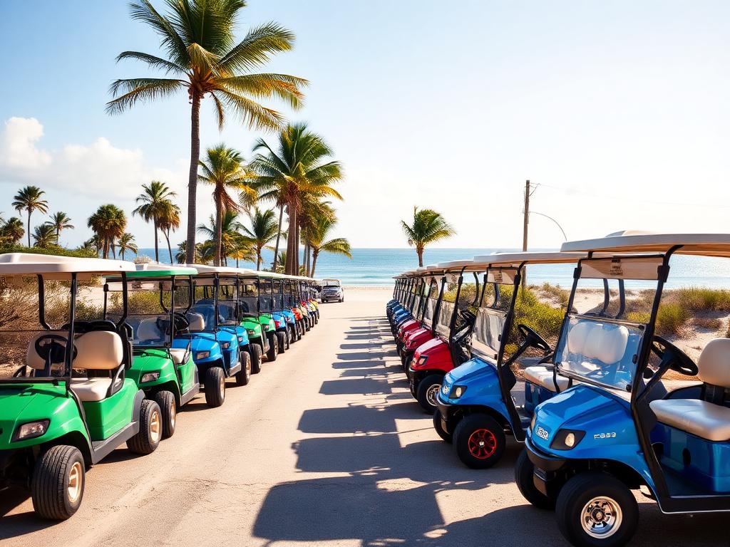 Row of colorful golf carts parked along a beach access road
